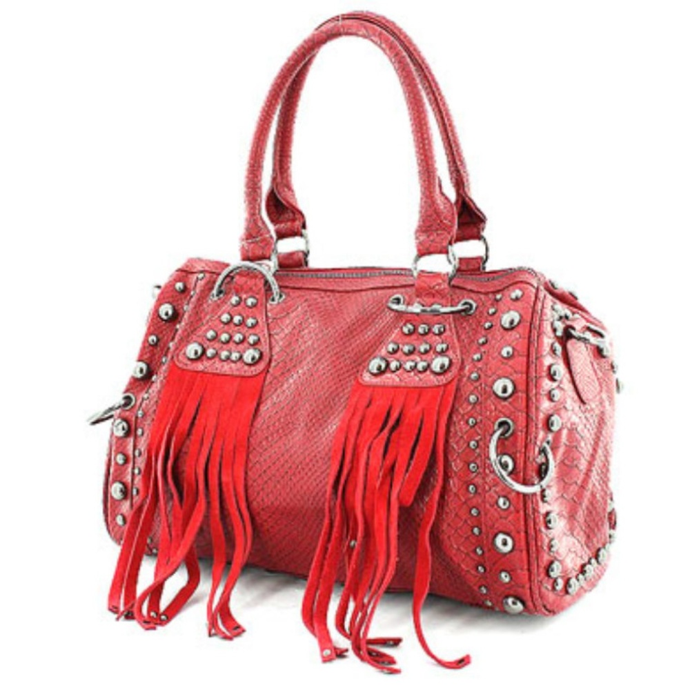 Galian Fringe Studded Snakeskin Print Red Handbag